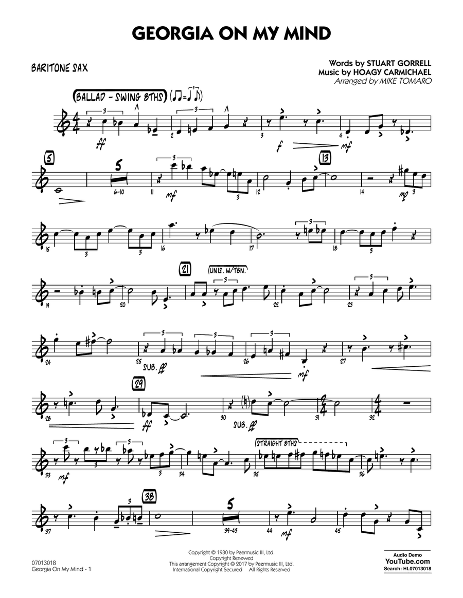 Georgia on My Mind - Baritone Sax Jazz Ensemble scores gallery preview page 1