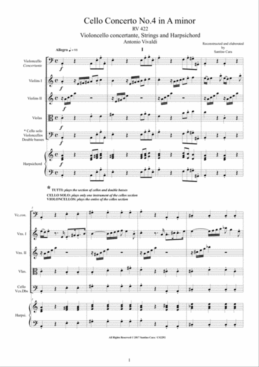 Vivaldi - Cello Concerto No.4 in A minor RV 422 for Cello solo, Strings and Harpsichord Chamber Orchestra scores gallery preview page 1