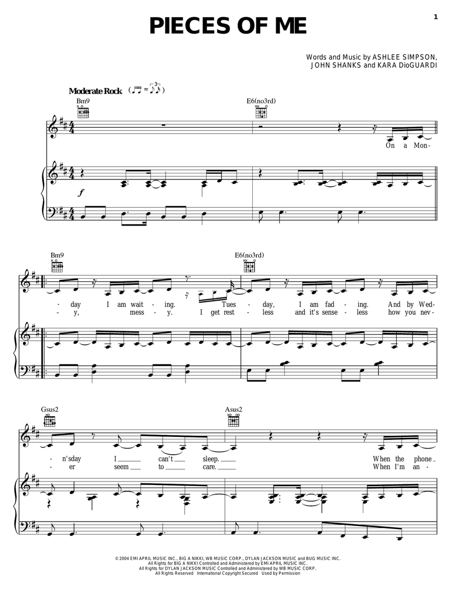 Pieces Of Me Piano, Vocal, Guitar scores gallery preview page 1