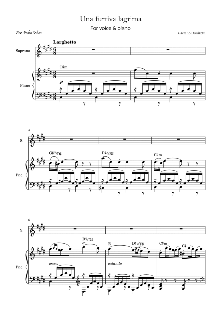 Una Furtiva Lagrima (Soprano in C#m) Piano, Vocal, Guitar scores gallery preview page 1