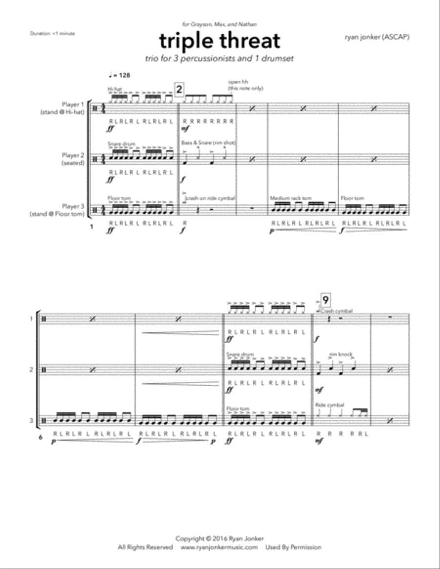 Triple Threat (Trio for 3 beginning percussionists gathered around a drumset) Percussion Ensemble scores gallery preview page 1