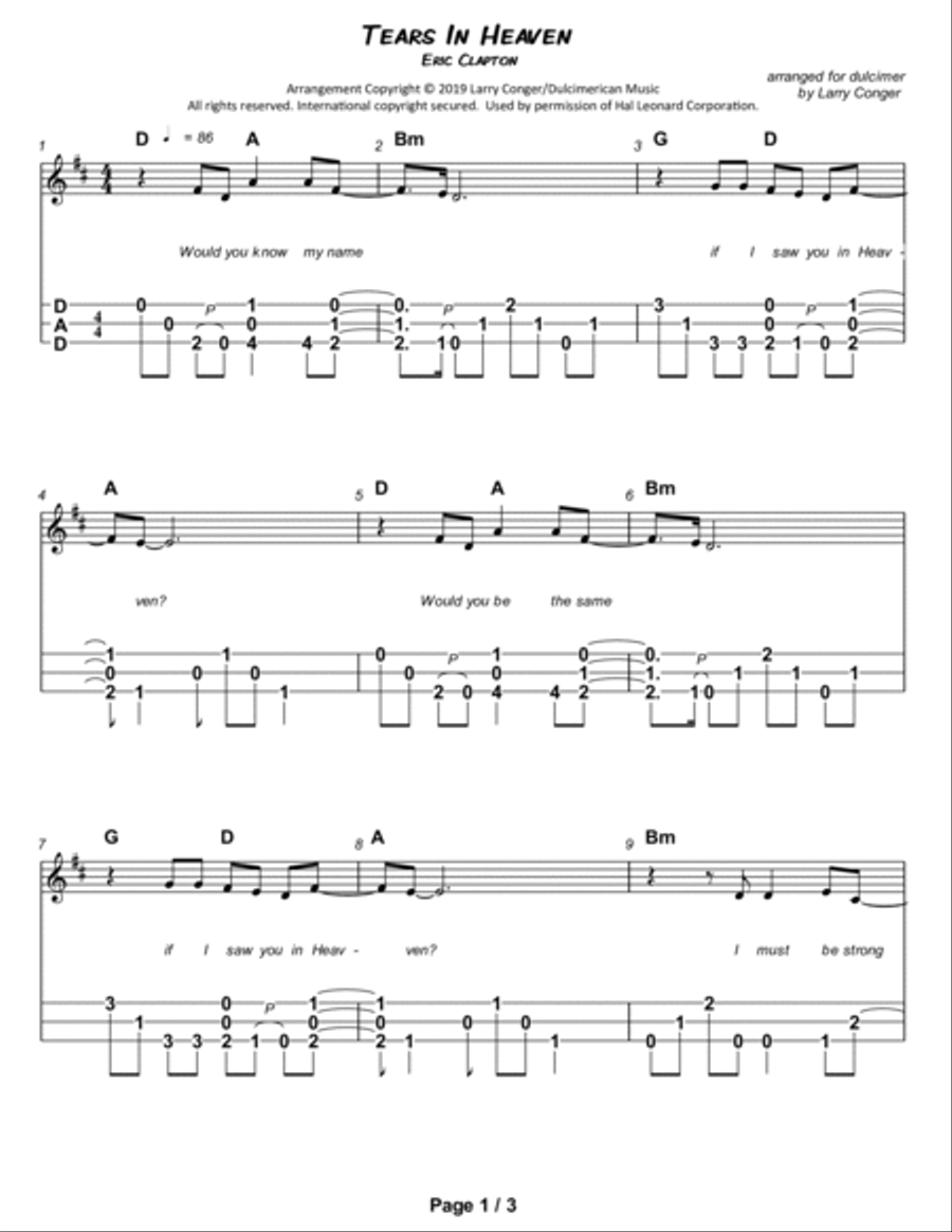 Tears In Heaven by Eric Clapton - Dulcimer - Digital Sheet Music