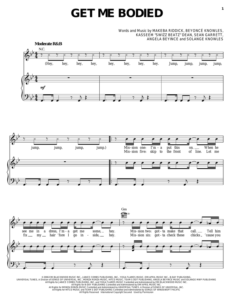 Get Me Bodied Piano, Vocal, Guitar scores gallery preview page 1