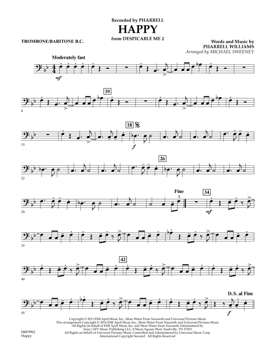 Happy (from Despicable Me 2) - Trombone/Baritone B.C. Concert Band scores gallery preview page 1