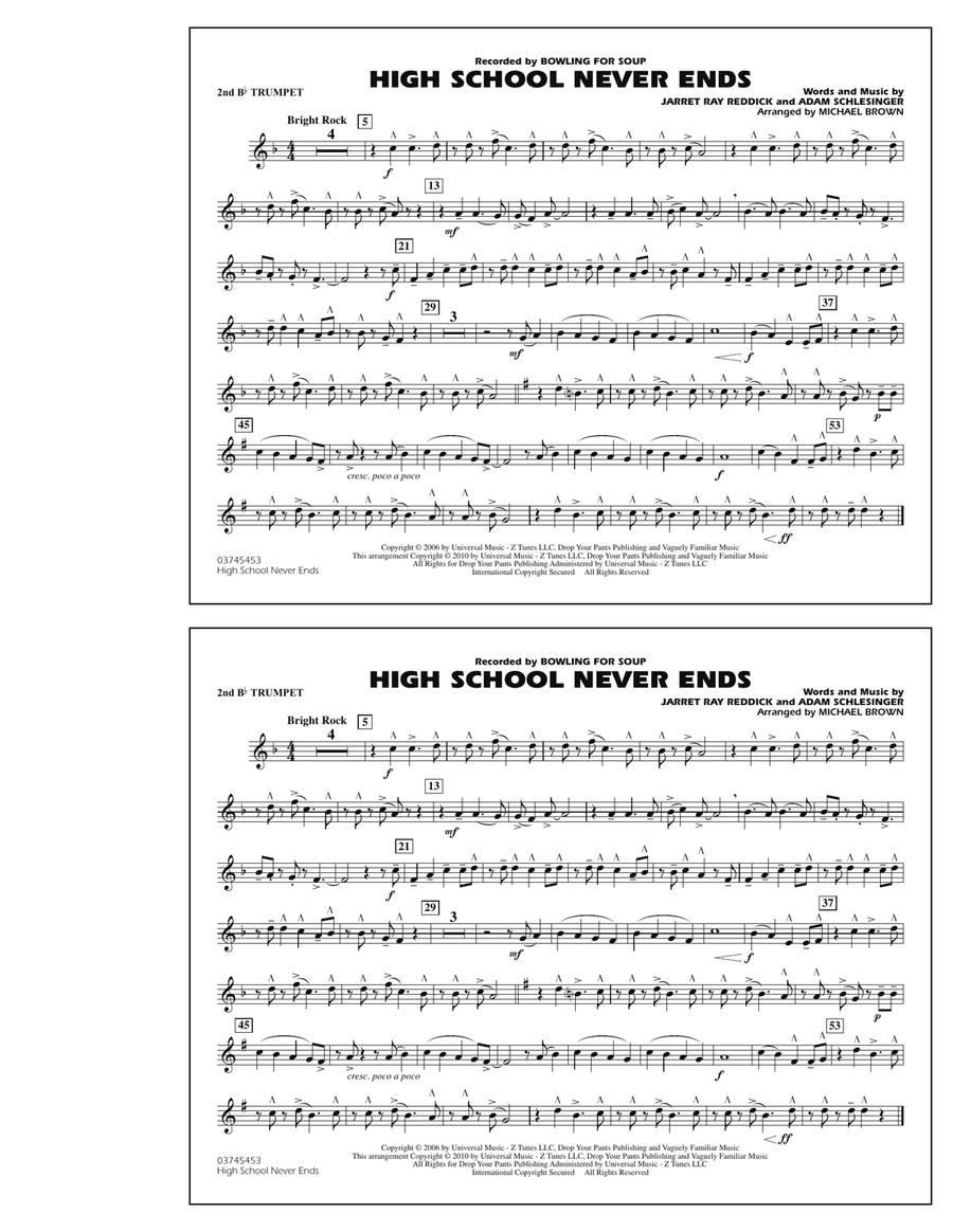 High School Never Ends - 2nd Bb Trumpet Marching Band scores gallery preview page 1