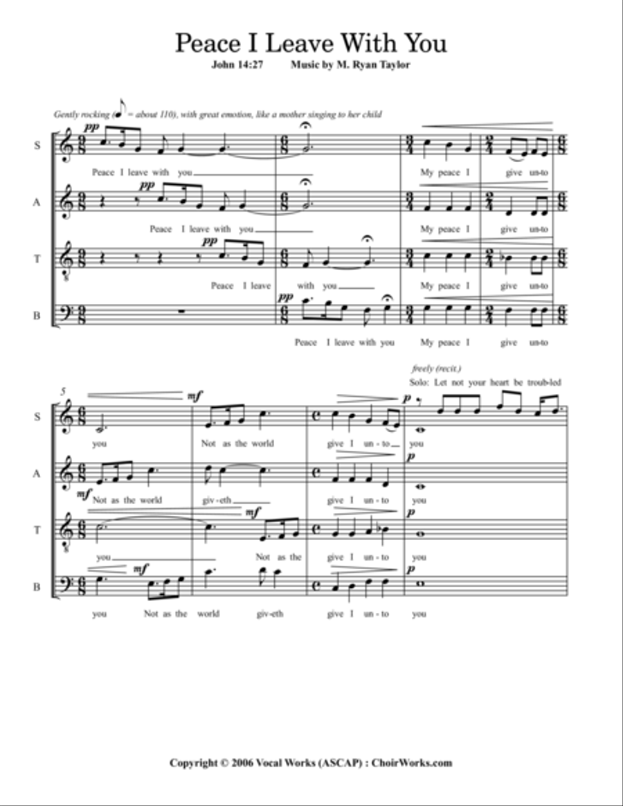 Peace I Leave With You (John 14:27) : SATB Acapella and Soprano Soloist 4-Part scores gallery preview page 1