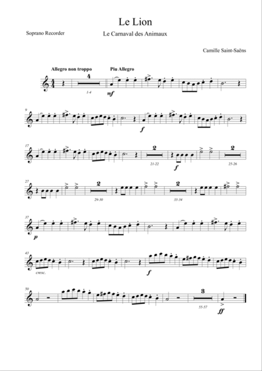 Le Lion (Le Carnaval des Animaux) Soprano Recorder scores gallery preview page 4