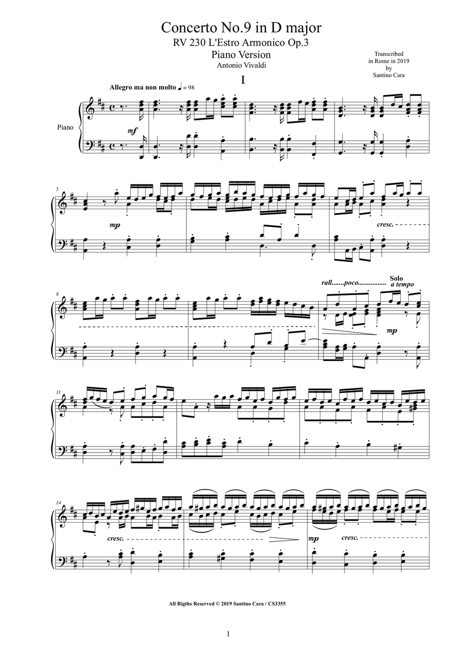 Vivaldi - Piano Concerto No.9 in D major RV 230 Op.3 - Piano Version Piano Solo scores gallery preview page 1