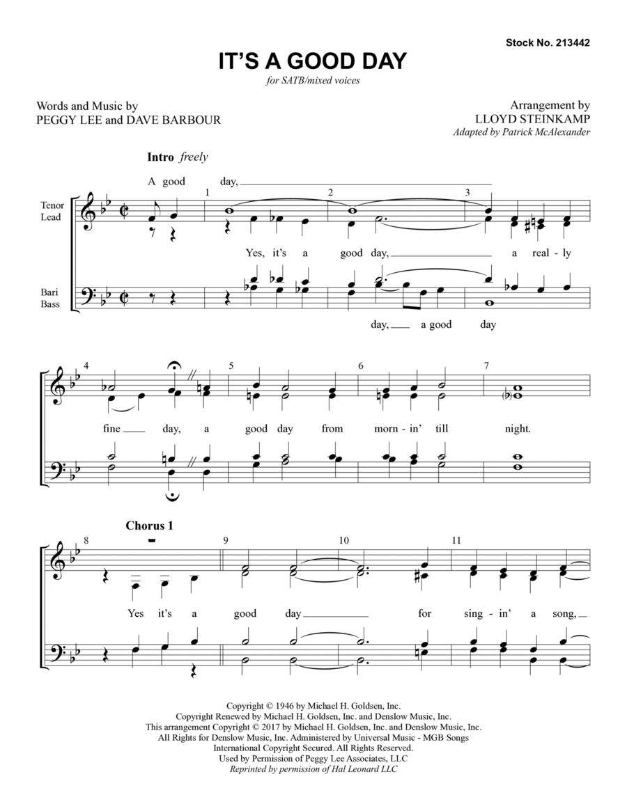 It's A Good Day (arr. Lloyd Steinkamp) 4-Part scores gallery preview page 1