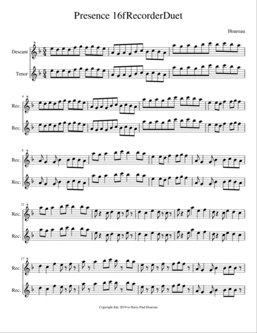 Presence 16f Recorder Duet Woodwind Duet scores gallery preview page 1