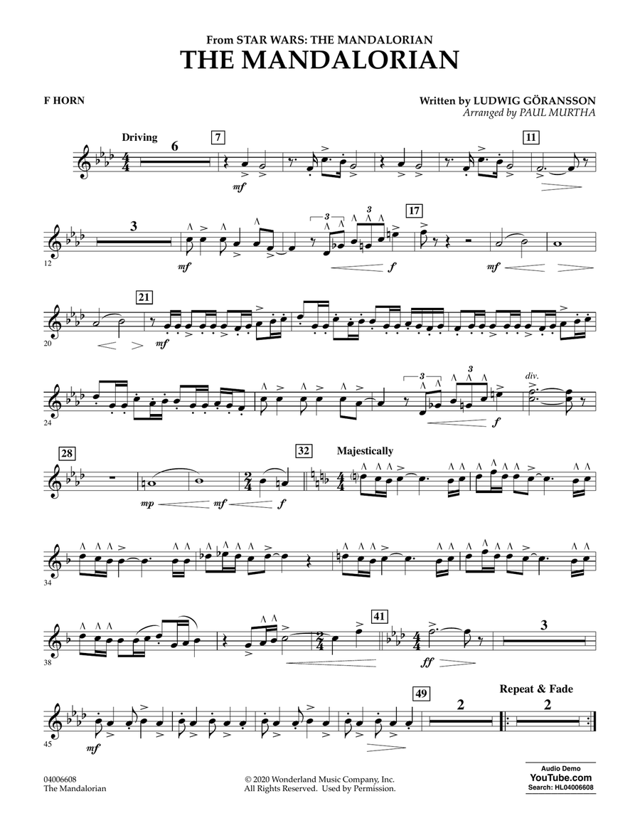 The Mandalorian (from Star Wars: The Mandalorian) (arr. Paul Murtha) - F Horn Concert Band scores gallery preview page 1