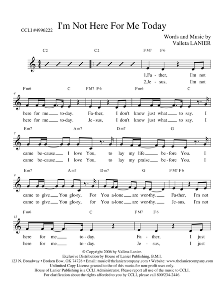 I'M NOT HERE FOR ME TODAY (Lead Sheet with mel, lyrics and chords) image number null