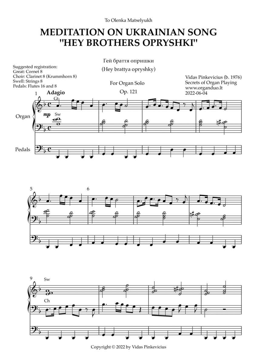 Meditation on Ukrainian Song "Hey Brothers Opryshki", Op. 121 (Organ Solo) by Vidas Pinkevicius