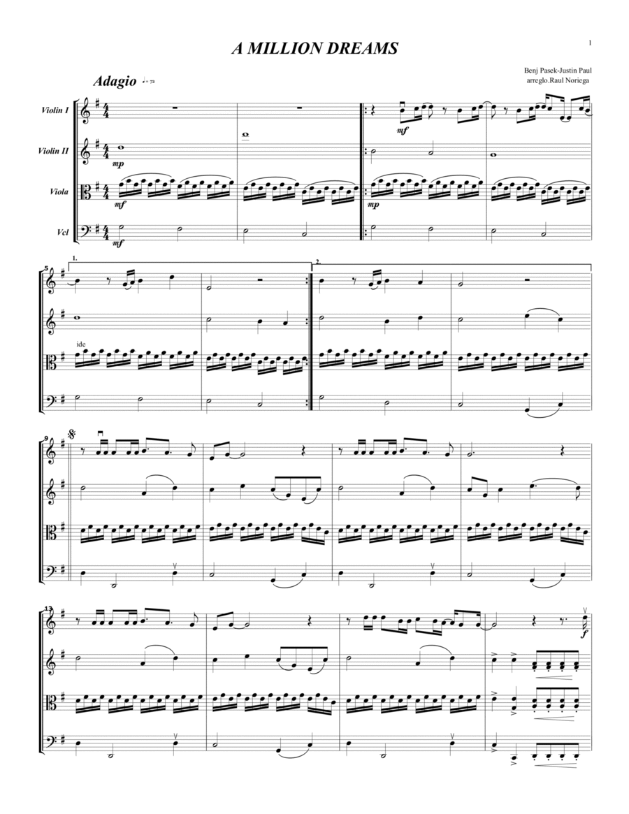 A Million Dreams String Quartet scores gallery preview page 1