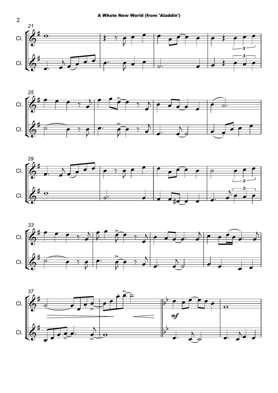 A Whole New World (from 'Aladdin') Clarinet Duet scores gallery preview page 3