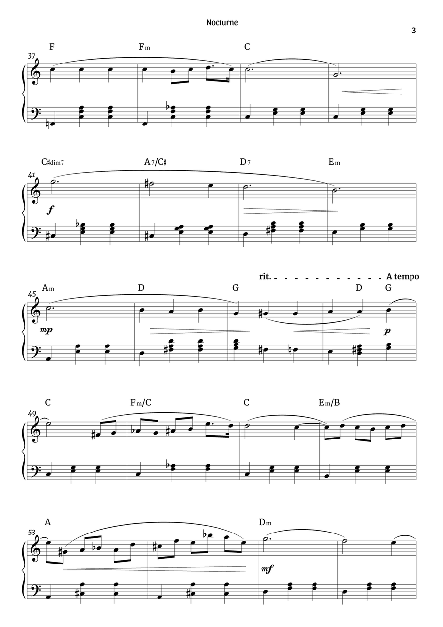 Nocturne Op. 9 no. 2 (easy-intermediate piano in C major – clean with chords) Piano Solo scores gallery preview page 3