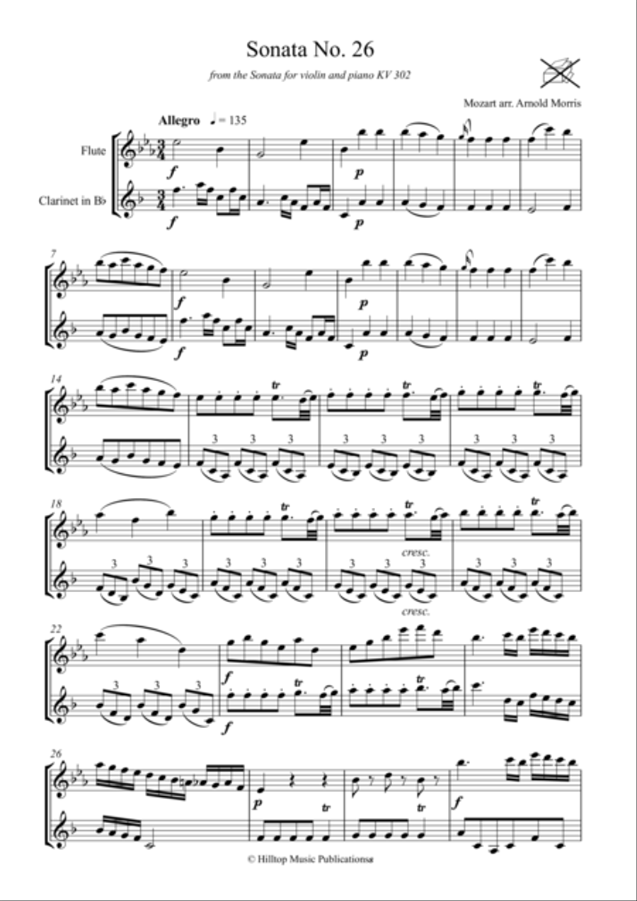 Mozart Sonata No. 26 arr. flute and clarinet Woodwind Duet scores gallery preview page 1