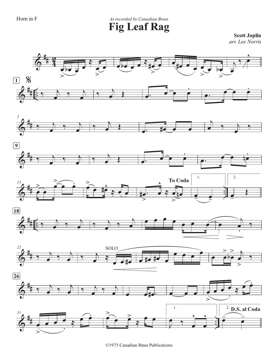 Fig Leaf Rag - F Horn Fig Leaf Rag - F Horn Brass Quintet scores gallery preview page 1
