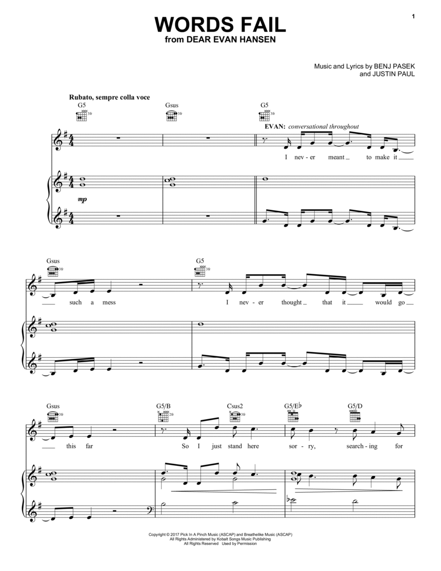 Words Fail (from Dear Evan Hansen) Piano, Vocal, Guitar scores gallery preview page 1