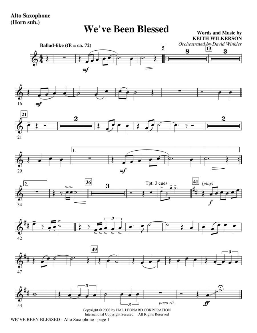 We've Been Blessed - Alto Sax (Horn sub) Choir scores gallery preview page 1