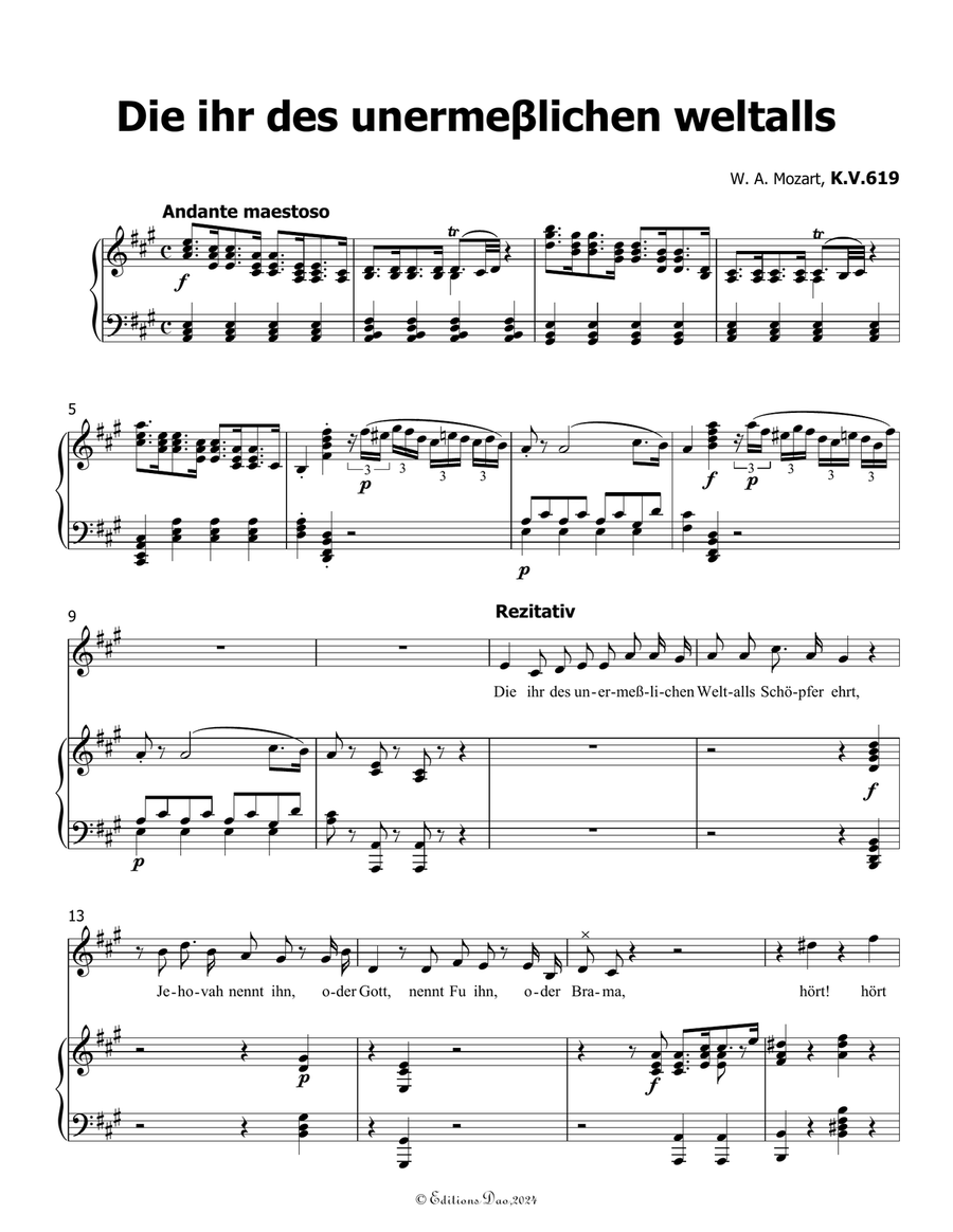 Die ihr des unermeβlichen weltalls, by Mozart, K.V.619, in A Major Piano, Vocal scores gallery preview page 3