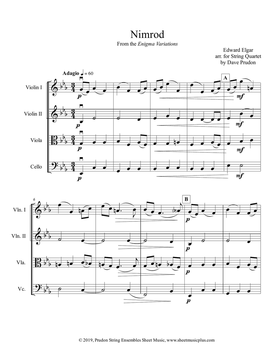 Elgar's Nimrod for String Quartet String Quartet scores gallery preview page 1