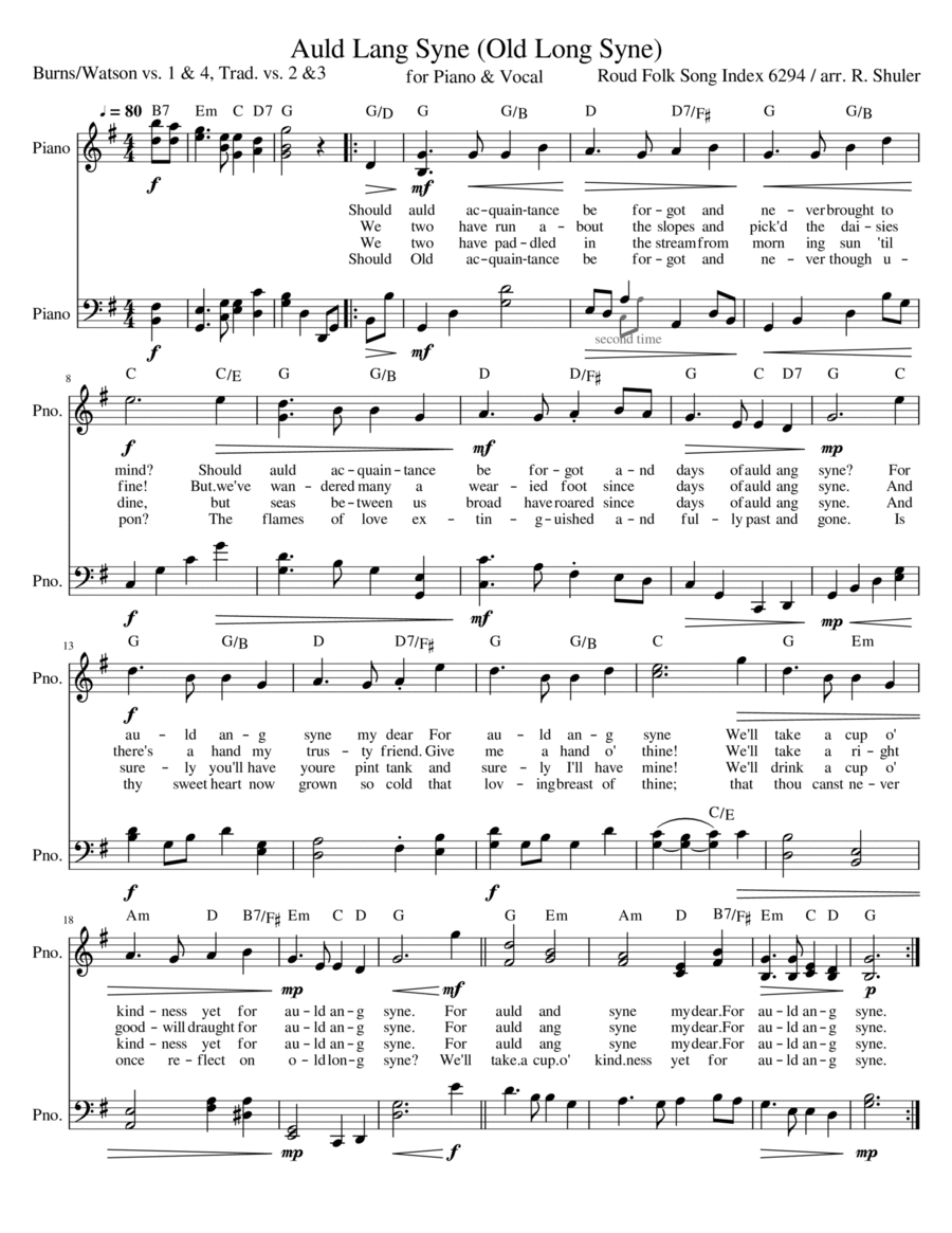 Auld Ang Syne FOUR VERSES modern words Burns/Watson/Traditional EASY PIANO Voice scores gallery preview page 1