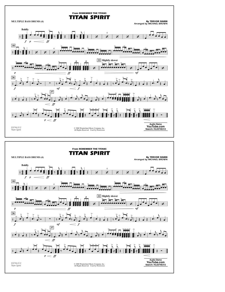 Titan Spirit (from Remember the Titans) (arr. Michael Brown) - Multiple Bass Drums Drums scores gallery preview page 1