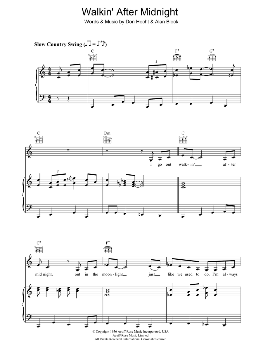 Walkin' After Midnight Piano, Vocal, Guitar scores gallery preview page 1