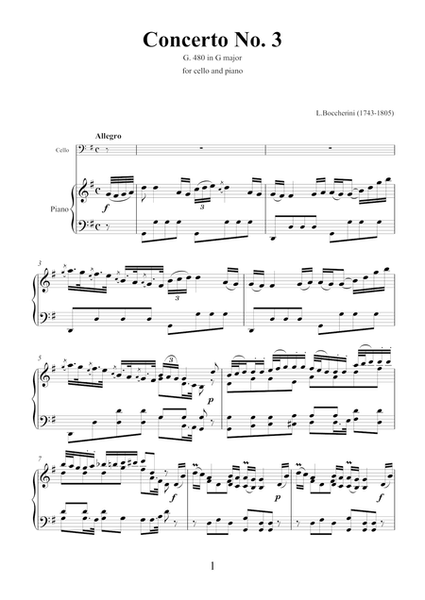Concerto No.3 G. 480 in G major by Luigi Boccherini for cello and piano