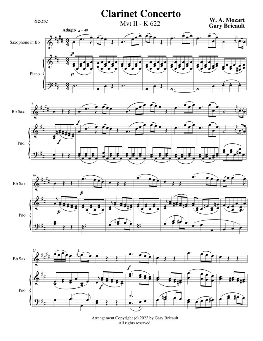 Adagio (Mvt. II) from Clarinet Concert Clarinet scores gallery preview page 1