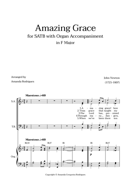Amazing Grace in F Major - SAT and Baritone with Organ Accompaniment and Chords image number null