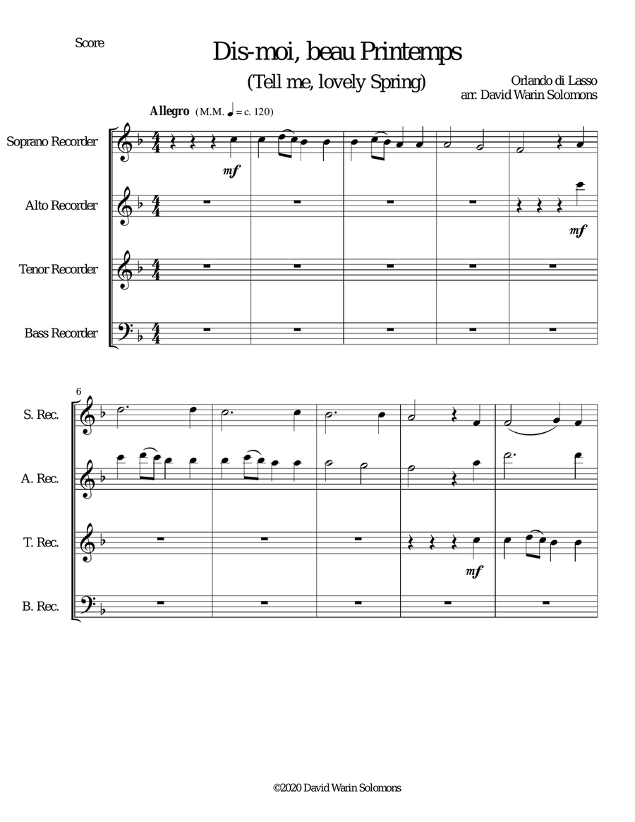 Dis-moi, beau printemps (Tell me, lovely Spring) for recorder quartet Small Ensemble scores gallery preview page 1
