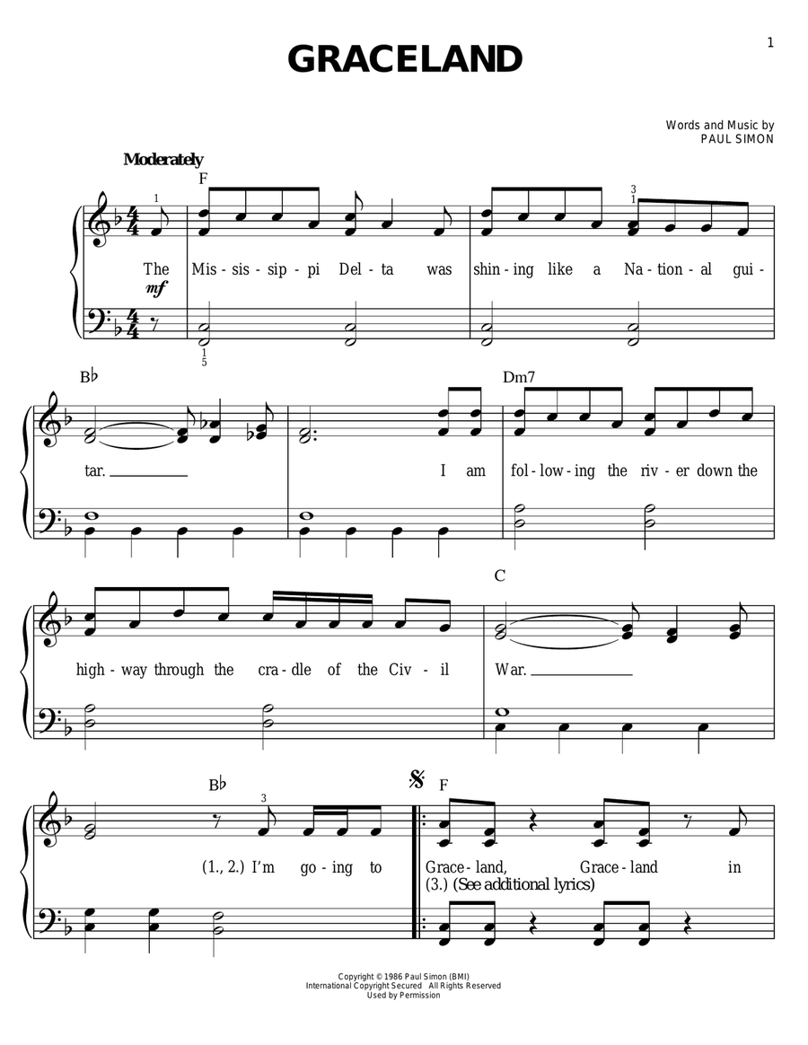 Graceland Easy Piano scores gallery preview page 1