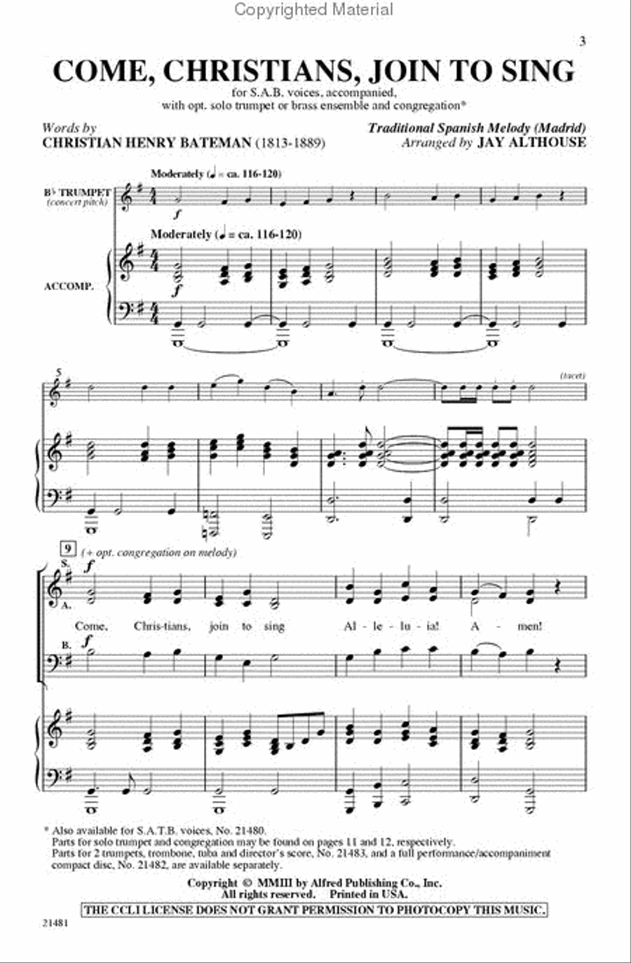 Come, Christians, Join to Sing 3-Part scores gallery preview page 2