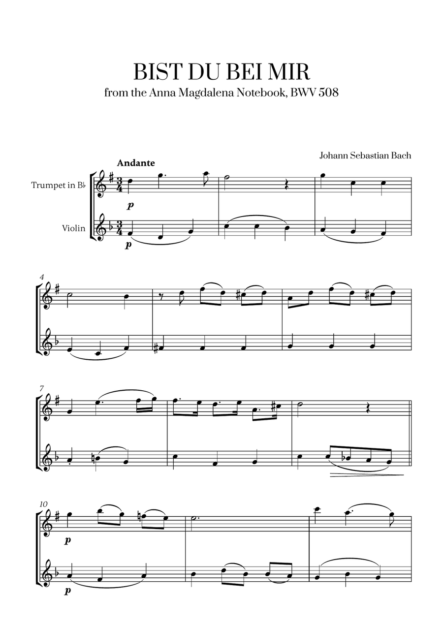 Johann Sebastian Bach - Bist du bei Mir (BWV 508) (F major) (for Trumpet and Violin)