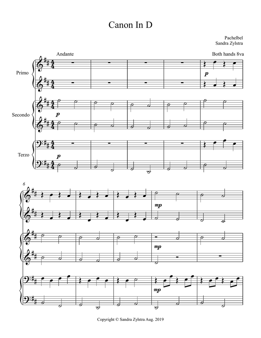 Canon In D (intermediate trio, 1 piano, 6 hands) Piano Trio scores gallery preview page 2
