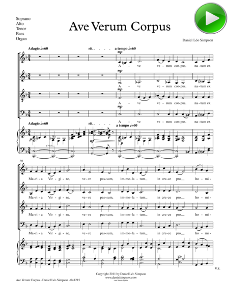 Ave Verum Corpus (Full Score & Parts and SATB/Organ score) Choir - Digital Sheet Music