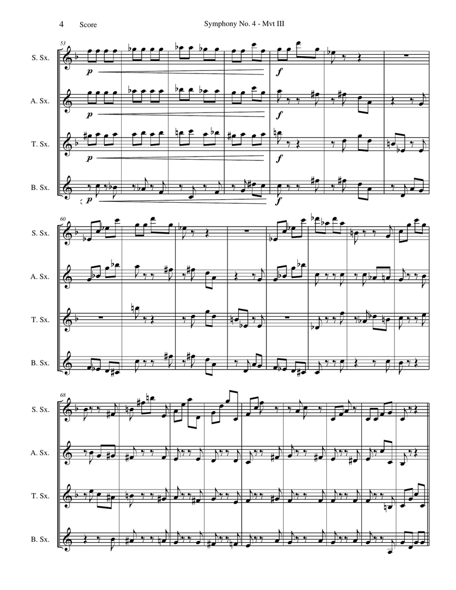 Scherzo (Mvt III) from Symphony No. 4 Saxophone Quartet scores gallery preview page 4