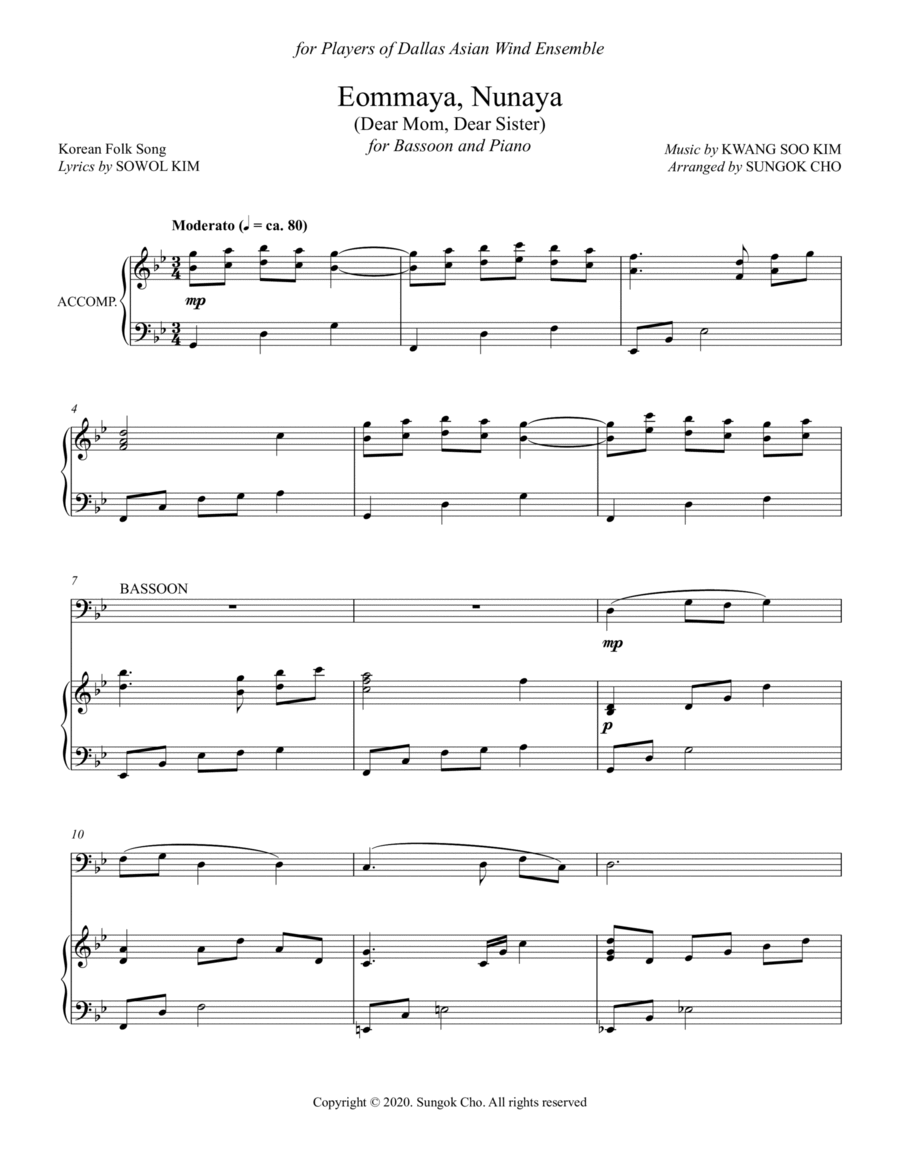 Korean Folk Song - Eommaya, Nunaya (Dear Mom, Dear Sister) Version 1 Bassoon scores gallery preview page 1