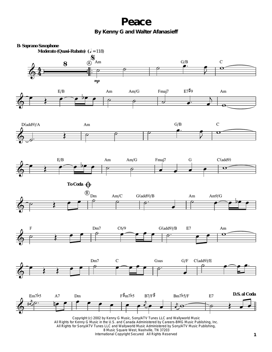 Peace Peace Soprano Saxophone scores gallery preview page 1