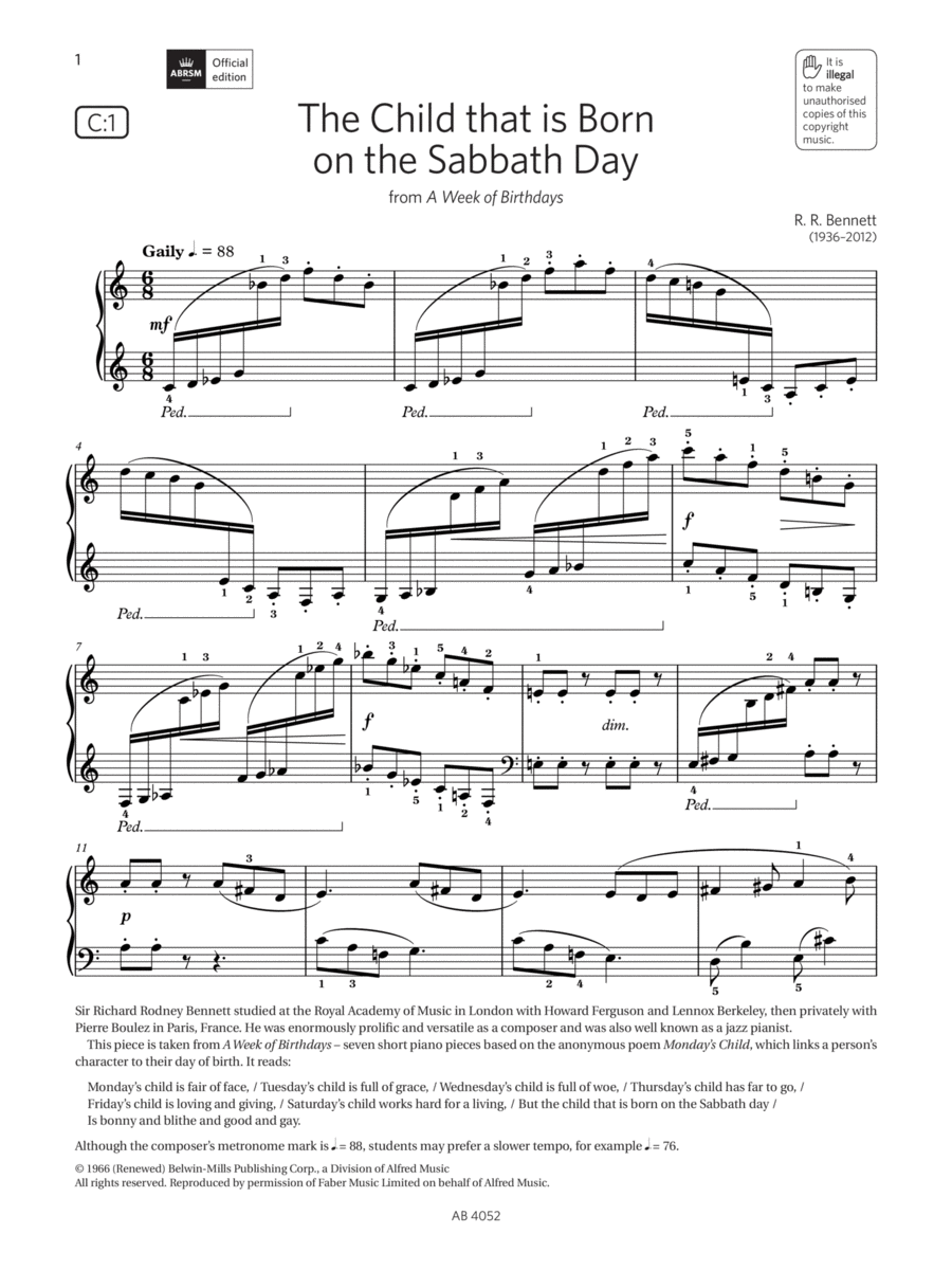 The Child that Is Born on the Sabbath Day (Grade 6, list C1, from ABRSM Piano Syllabus 2023 & 2024) Piano Method scores gallery preview page 1