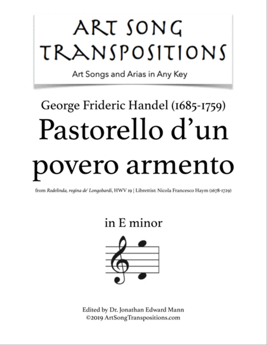 HANDEL: Pastorello d'un povero armento (transposed to E minor) Voice scores gallery preview page 1