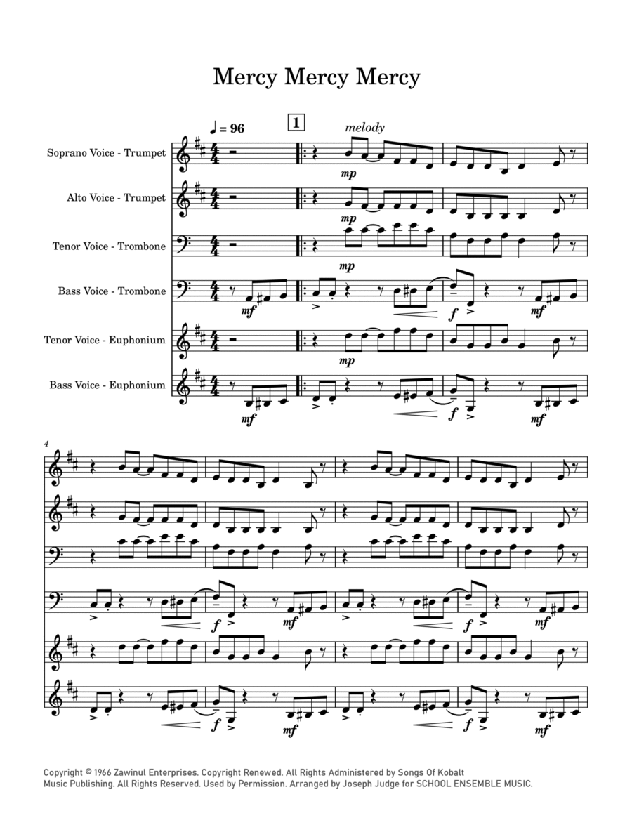 Mercy, Mercy, Mercy Brass Quartet scores gallery preview page 1