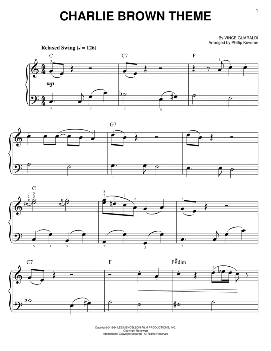 Charlie Brown Theme (arr. Phillip Keveren) Easy Piano scores gallery preview page 1