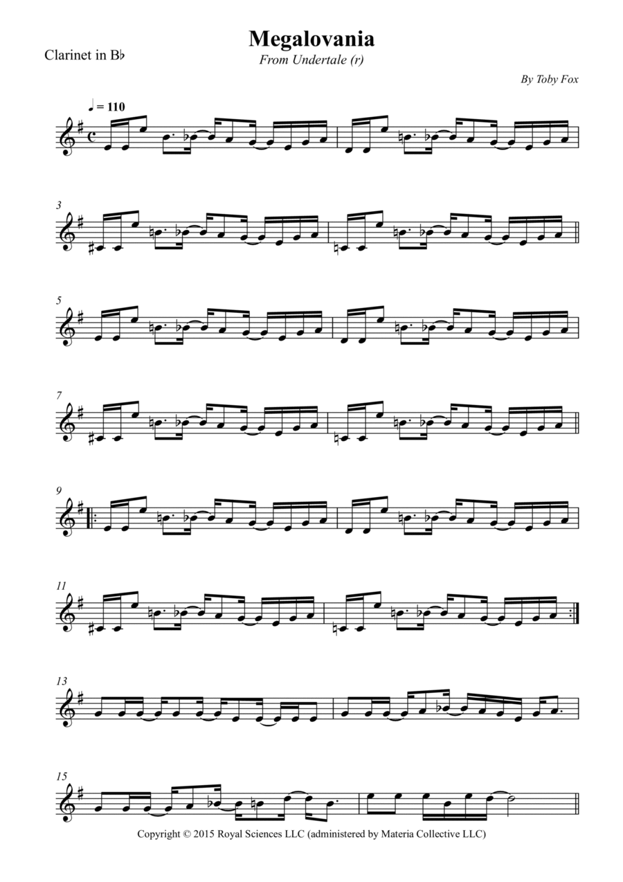 Megalovania B-Flat Clarinet scores gallery preview page 1
