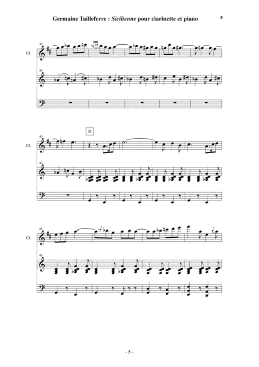 Germaine Tailleferre: Sicilienne for clarinet and piano Clarinet Solo scores gallery preview page 5