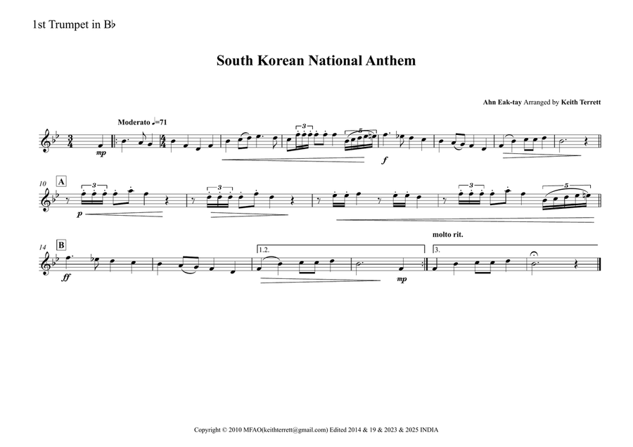 South Korean National Anthem for Brass Quintet (Song of Love for the Country) MFAO World Anthem Seri Brass Quintet scores gallery preview page 5
