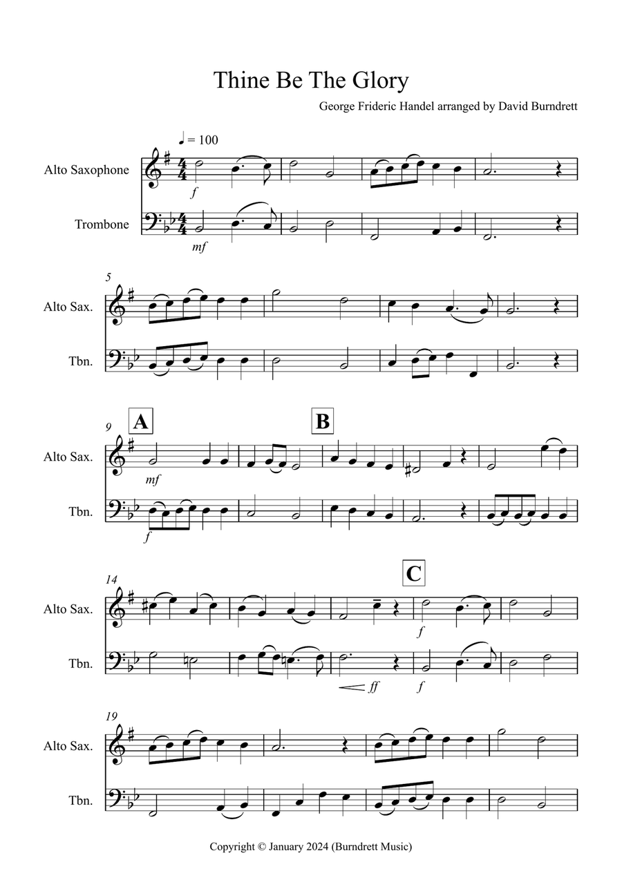 Thine Be The Glory for Alto Saxophone and Trombone Duet Trombone Duet scores gallery preview page 1