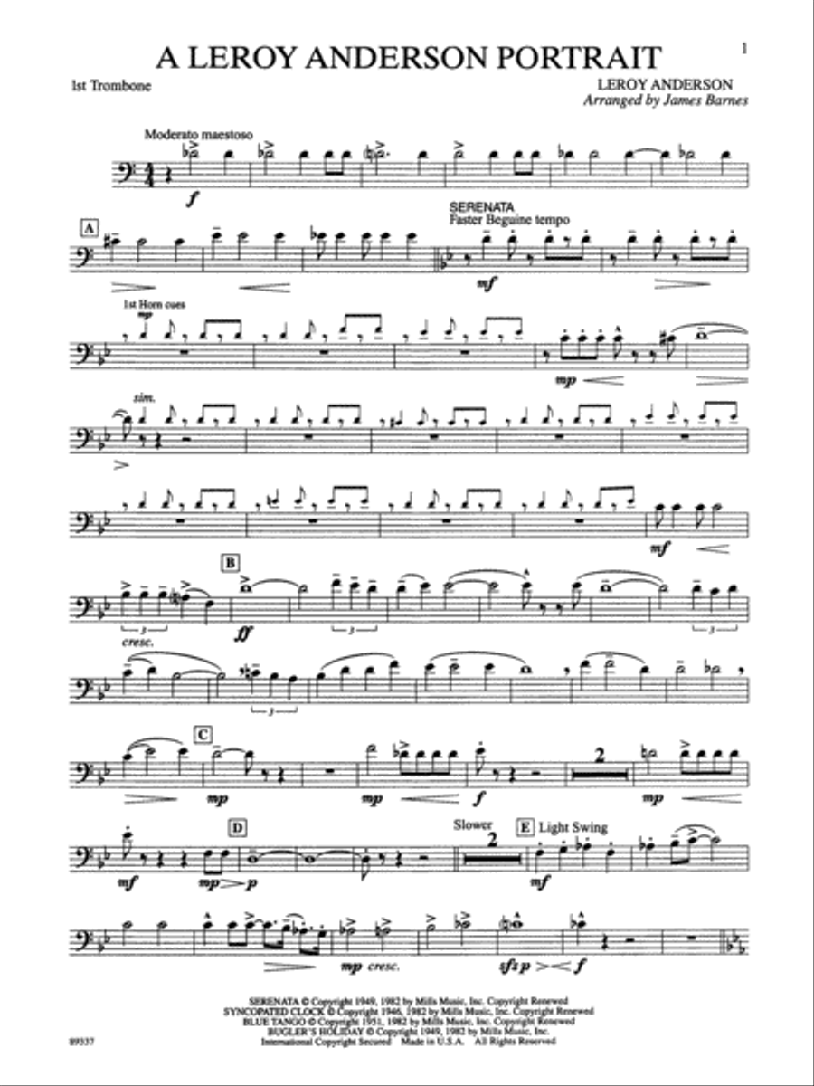 Leroy Anderson Portrait: 1st Trombone Concert Band scores gallery preview page 1